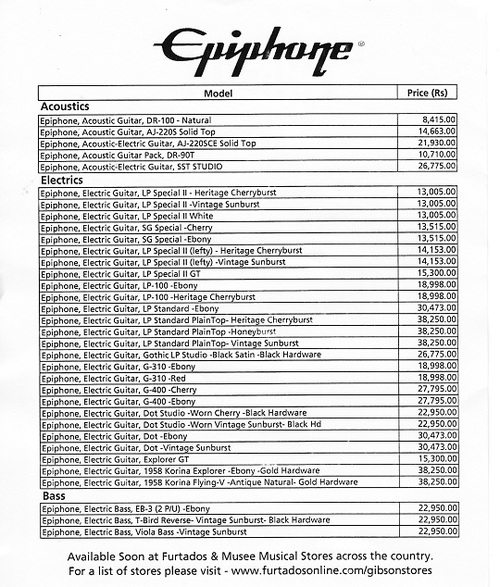 gibson guitar price list